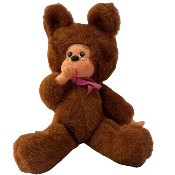 Vintage 1974 Monchhichi Female Thumb-Sucker Doll Pink Bow Japan 15" Plush - Picture 1 of 7